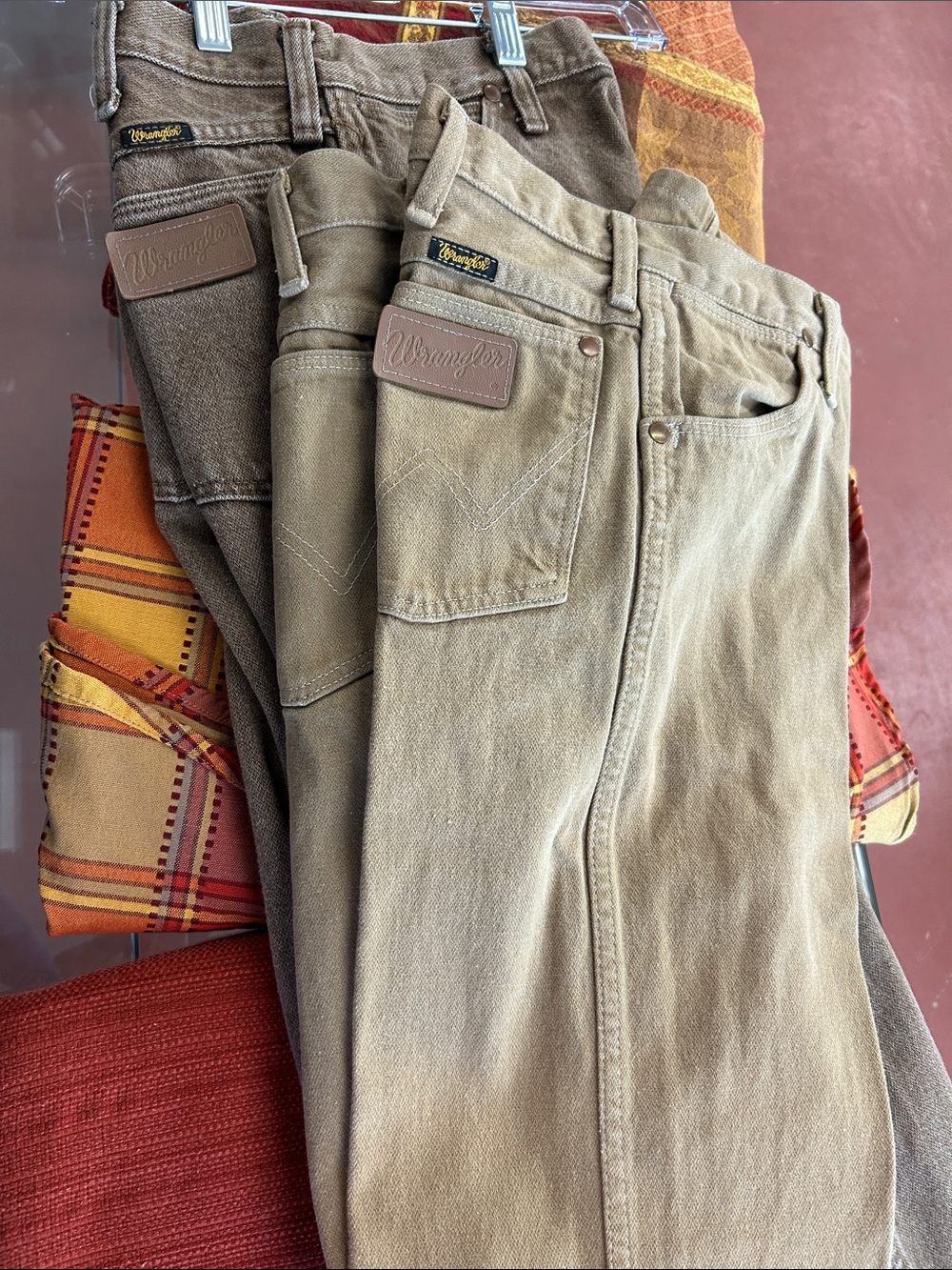 (3) Wrangler Men's Straight Fit Jeans in Khaki and Brown 31x34